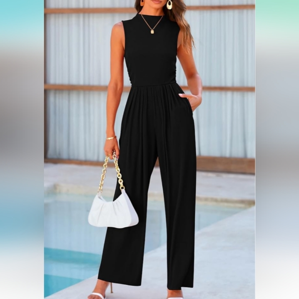 OQQ Ribbed Crew Neck Sleeveless Wide leg Jumpsuit XL NWOT Black
